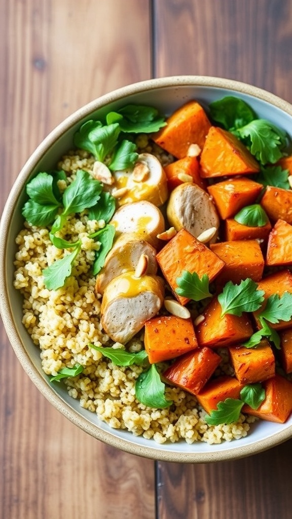 A healthy quinoa bowl with chicken, sweet potatoes, and greens, garnished with nuts and dressing.